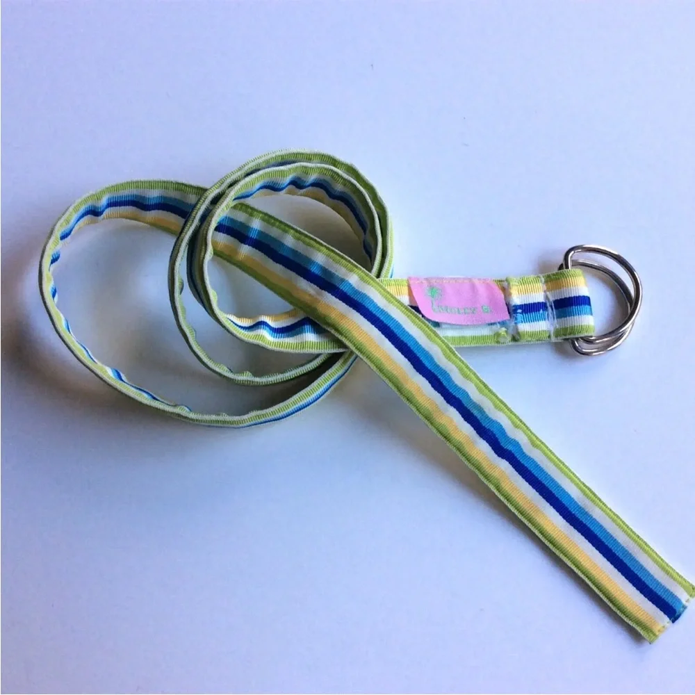 Molly B. D Ring Striped Ribbon Belt Green Yellow and Blue Youth M/L